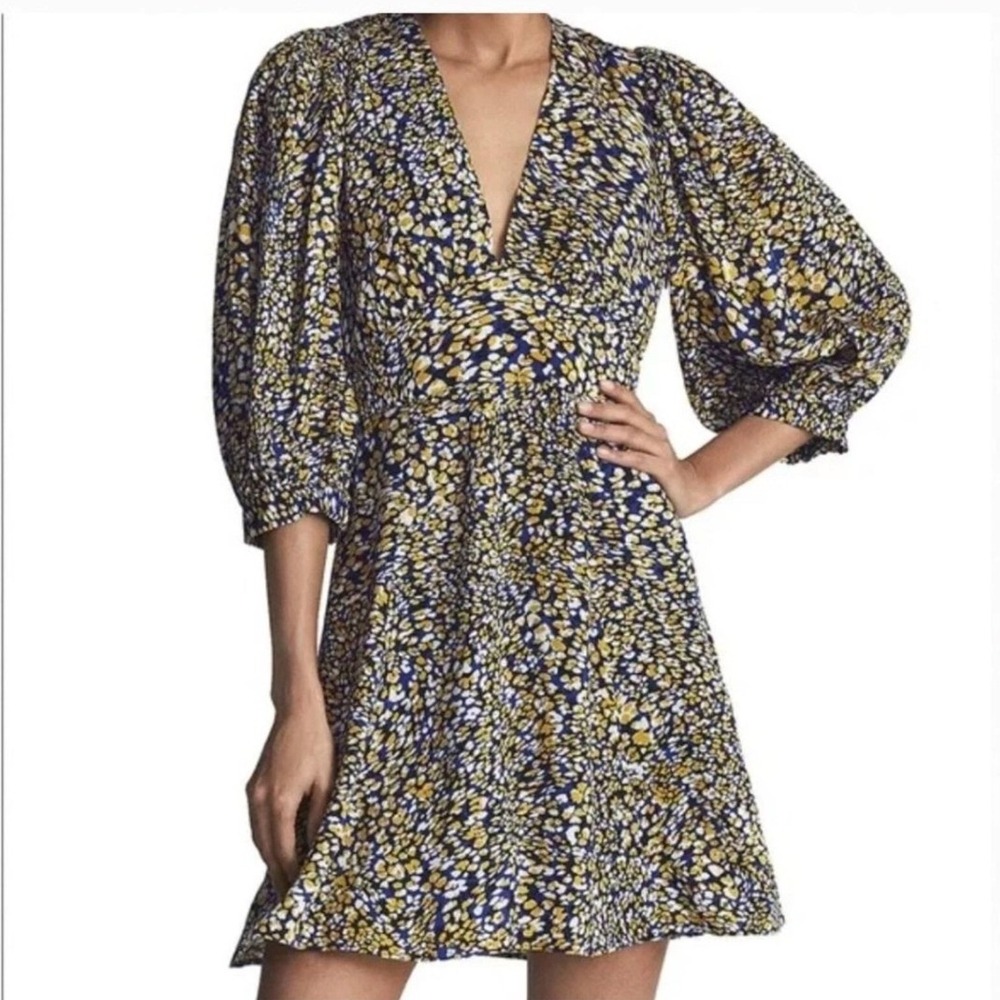 Reiss Viscose Daisy Floral V-Neck Puff Sleeve Mini Dress Size 4‎ Indie Sleaze